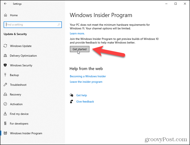 Щракнете върху Първи стъпки за програмата Windows Insider