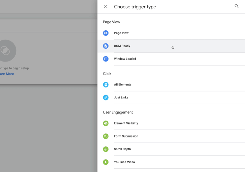 нов таг на мениджъра на Google tag с опции от менюто за избор на тип задействане, включително изглед на страница, готов за dom, всички елементи, подаване на формуляр и дълбочина на превъртане, наред с други