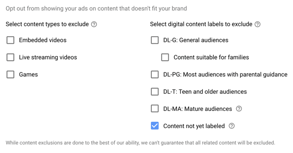 Как да настроите рекламна кампания в YouTube, стъпка 15, задайте изключени типове и опции за етикети