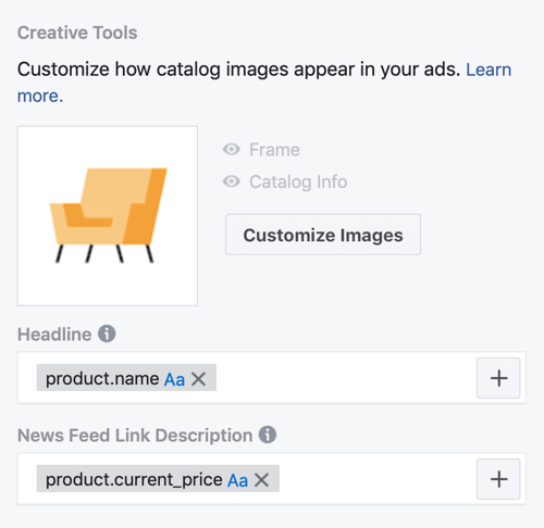 Използвайте инструмента за настройка на събития във Facebook, стъпка 30, опции на менюто, за да персонализирате начина, по който се показват изображенията от каталога в рекламите на Facebook