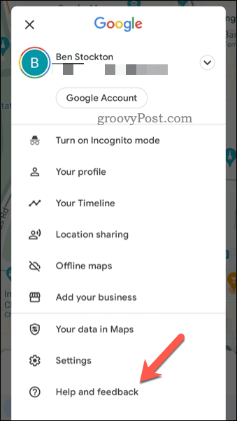 Отворете менюто за обратна връзка на Google Карти