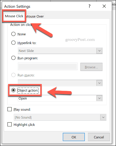 Задаване на обект за отваряне с щракване с мишката в PowerPoint