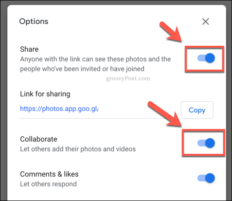 Опции за споделяне на албуми в Google Photos
