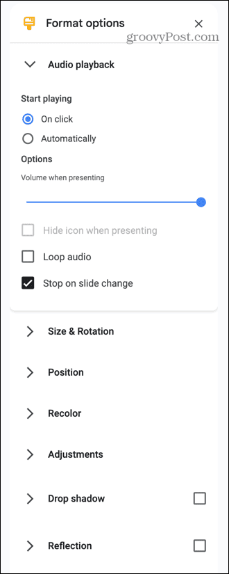 аудио опции за слайдове в google