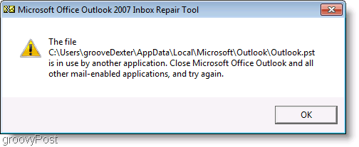 Снимка на екрана - Прозорец за съобщение за ремонт на Outlook 2007 ScanPST