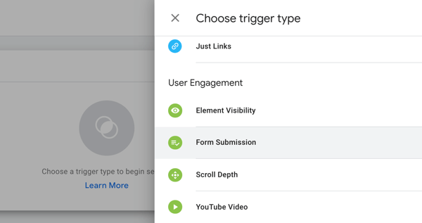 Използвайте Google Tag Manager с Facebook, стъпка 19, опции на менюто, за да изберете тип задействане в Google Tag Manager