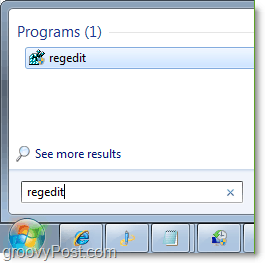 достъп regedit в Windows 7 от менюто "Старт"