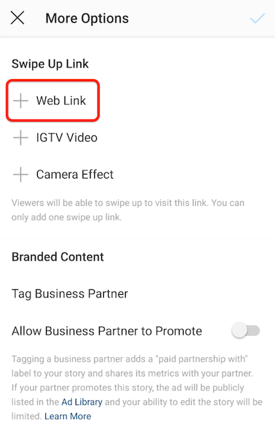 опции на менюто на instagram, за да добавите връзка с плъзгане нагоре с подчертана опция за уеб връзка