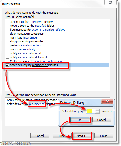 отлагане на доставката с x брой минути от Outlook 2010