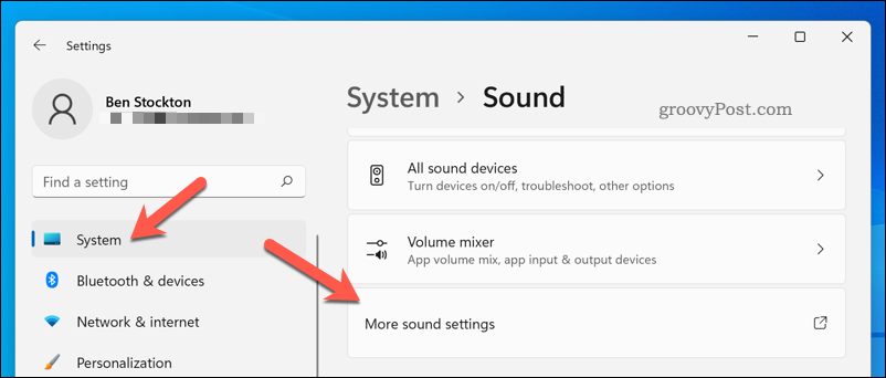 Отваряне на менюто Още настройки на звука в Windows 11