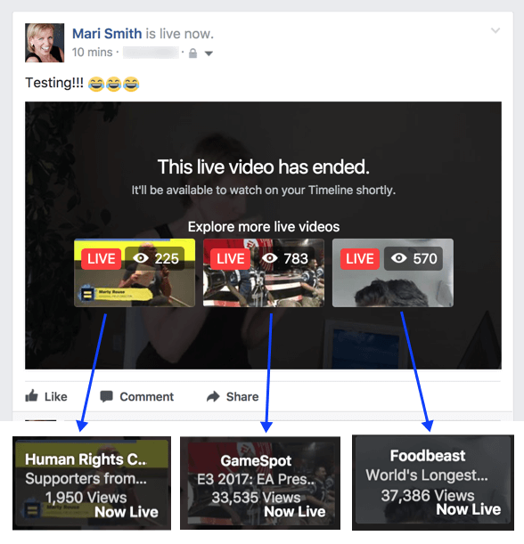 Facebook изглежда експериментира с нова функция, която предлага свързани видеоклипове на живо след приключване на излъчването.