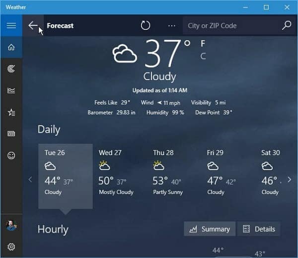 Прогноза за времето в Windows 10