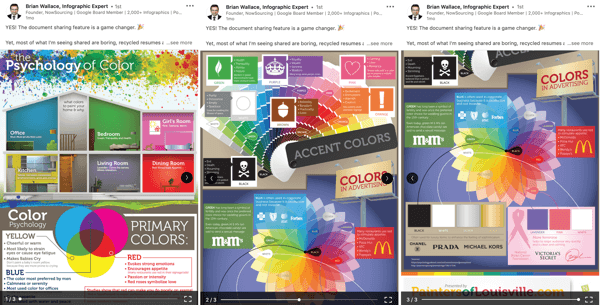 Публикация за споделяне на документи в LinkedIn, подобряване на органичните документи за публикации стъпка 2, пример за психологията на цветната инфографика от Брайън Уолъс