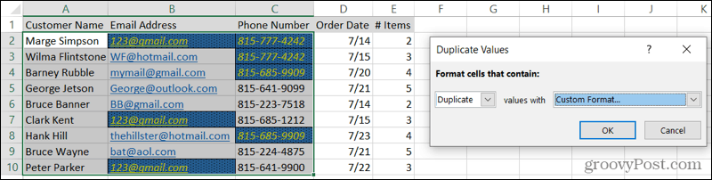 Персонализирани форматирани дубликати в Excel