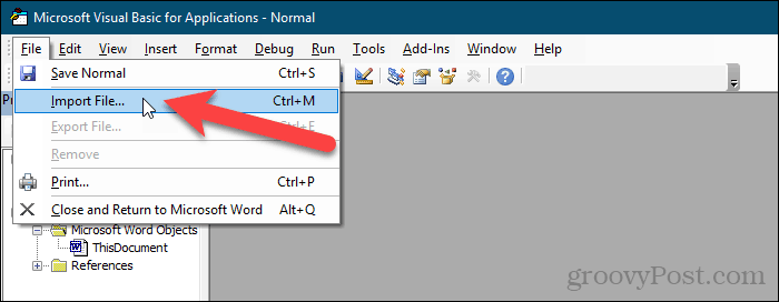 Отидете на Файл> Импортиране на файл в редактор на VBA в Word