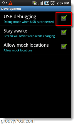 Отстраняване на грешки с Android на USB, Бъдете будни и Разрешавайте макет места