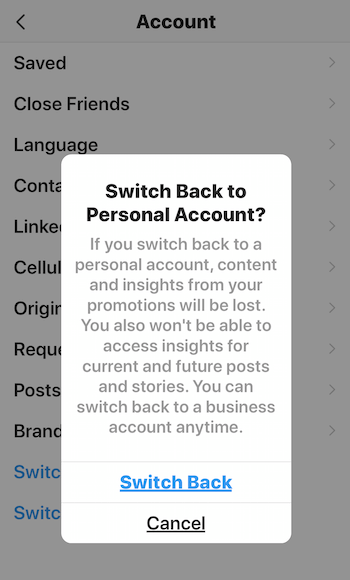 Да се ​​върнете към личния акаунт? предупредително съобщение за Instagram