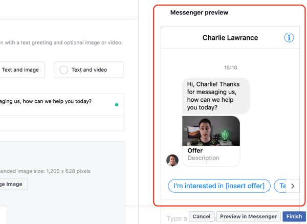 Как да насочвате топлите клиенти с реклами във Facebook Messenger, стъпка 14, визуализация на персонализиран шаблон на дестинация за съобщения