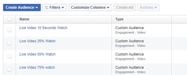 Във Facebook Ads Manager използвайте инструмента Audiences, за да дефинирате аудитория за пренасочване въз основа на изгледи на видеоклипове на живо на Facebook.