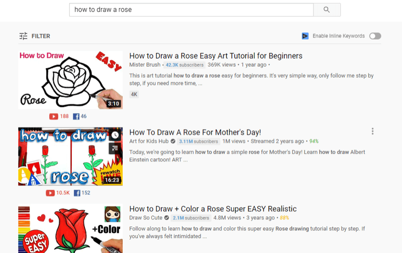 пример за най-доброто видео в YouTube в резултатите от търсенето в youtube за „как да нарисувам роза“