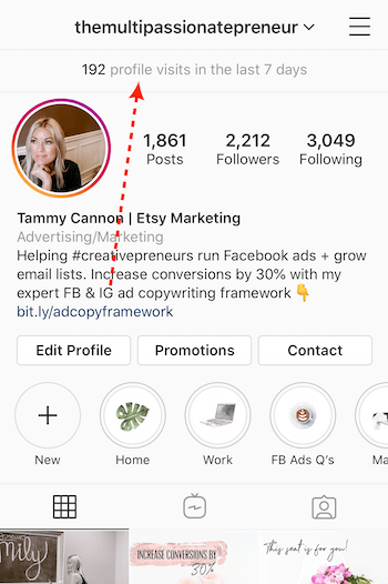 брой посещения на профила, изброени в горната част на бизнес профила в Instagram