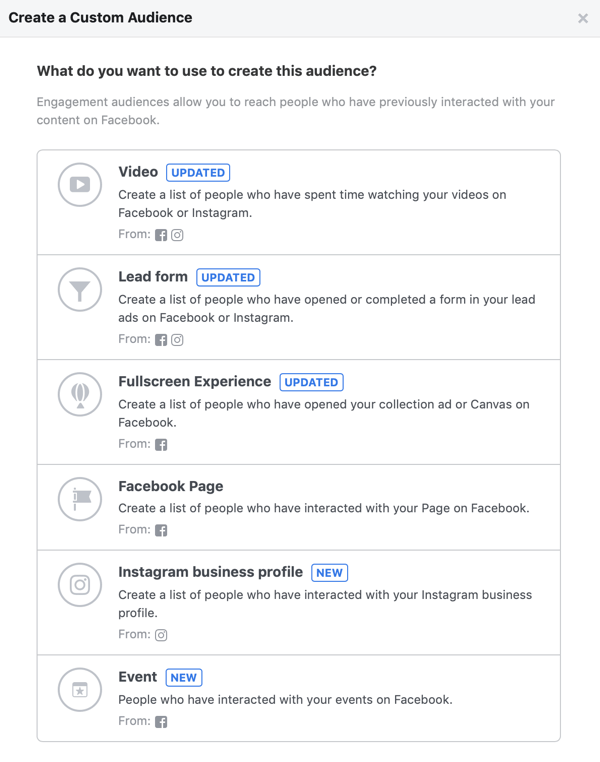 Опции за това, което искате да използвате, за да създадете тази аудитория за вашата персонализирана аудитория във Facebook.