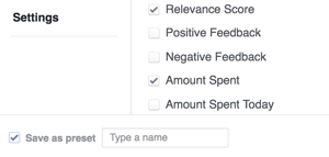 Запазете настройките си за резултати във Facebook като шаблон.