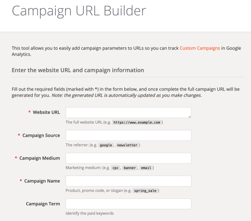 Екран за настройка на инструмента за създаване на URL адреси на кампания в Google Analytics