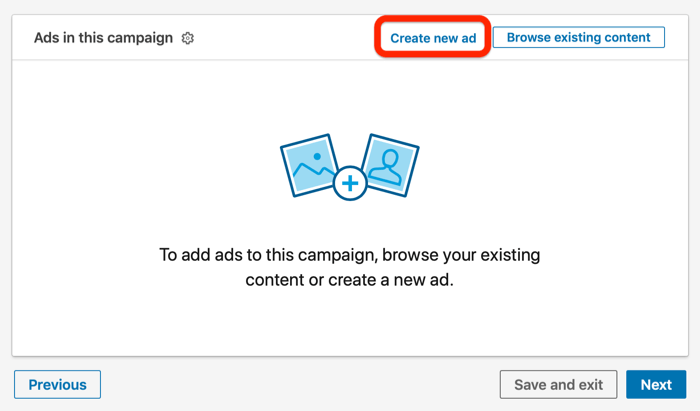 Създайте нова опция за реклама в настройката на кампанията в LinkedIn