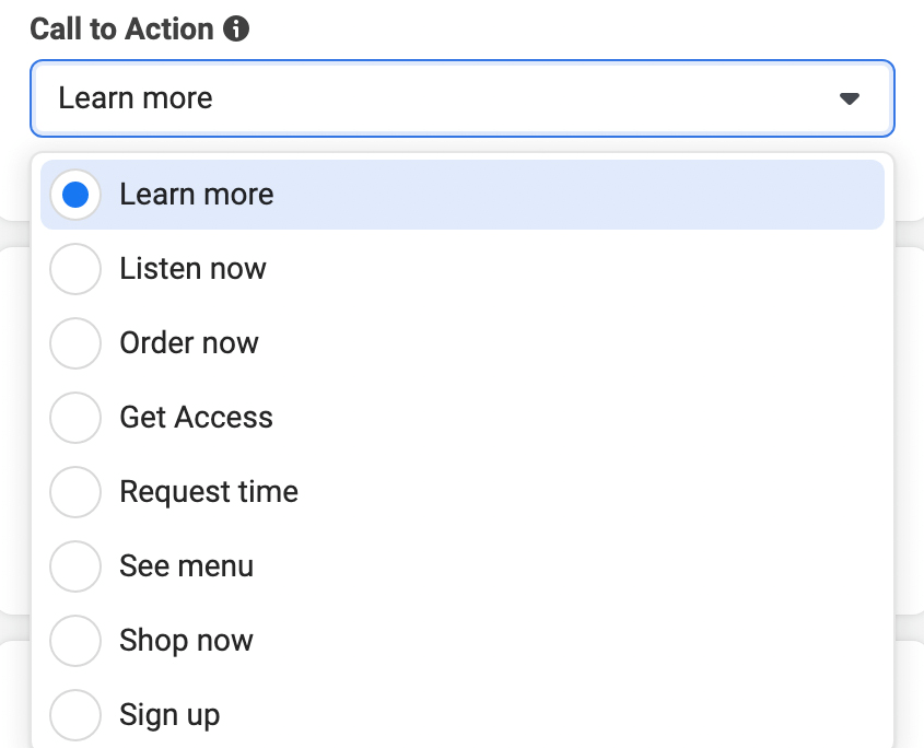 изображение на опциите за бутони за подканване към действие в Мениджър на реклами