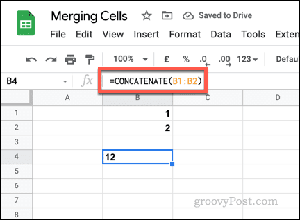 Пример за проста формула CONCATENATE в Google Sheets