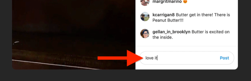 xscreenshot пример за инстаграм на живо с полето за коментари, подчертано и попълнено от зрителя, казващо „обичам го“