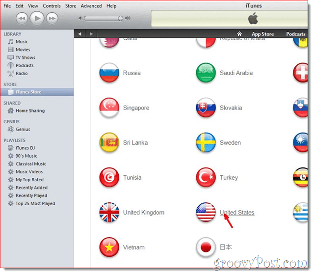 iTunes - Щракнете върху Флаг на САЩ
