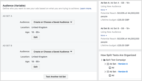 Тест за разделяне на вашите реклами във Facebook на две или повече аудитории.