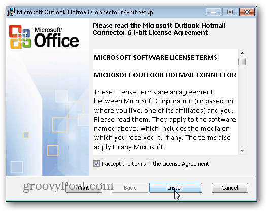 Outlook.com Outlook Hotmail Connector - Щракнете върху Инсталиране