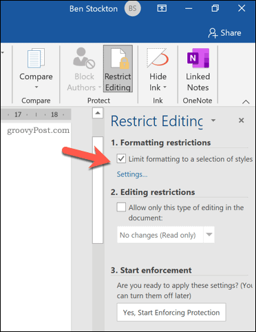 Ограничете опцията за форматиране в Microsoft Word