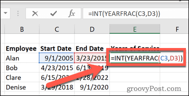 пълна формула на Excel yearfrac