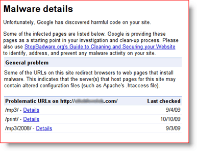 Подробности за злонамерен софтуер на Google Инструменти за уеб администратори