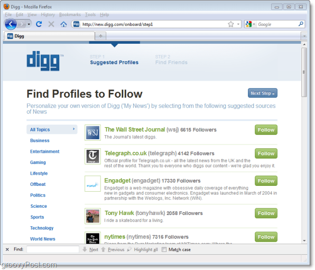 новата функция за следване на Digg по време на първо влизане