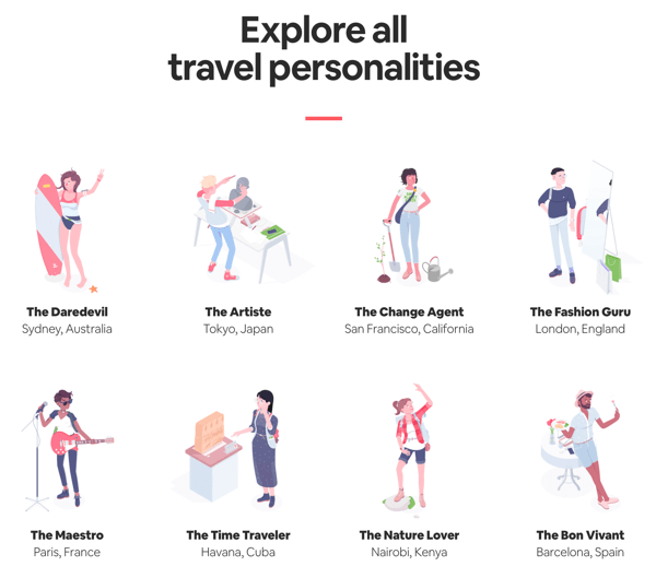 Пример за страница с всички резултати с резултати, които потребителят може да проучи от викторината на Airbnb Travel Matcher.