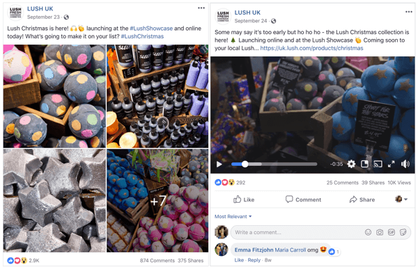 Два примера за публикуване във Facebook от Lush UK; едно с множество изображения и едно с едно изображение.