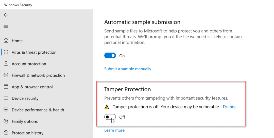 Включване или изключване на защитата срещу подправяне на Windows 11