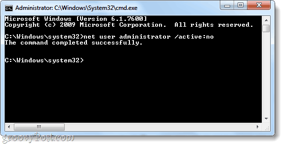 нетна потребителска команда за деактивиране на Windows 7 администраторски акаунт