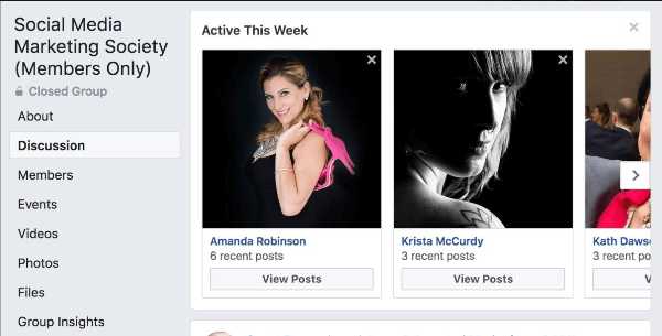 Facebook подчертава кои членове на групата са били най-активни тази седмица в групата.