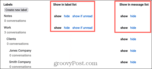 Показване или скриване на етикети в Gmail
