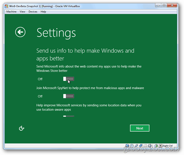 Информация за поверителност на VirtualBox Windows 8 към Microsoft