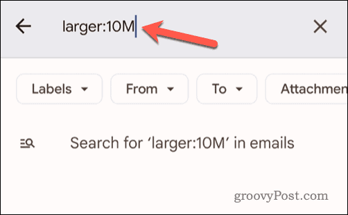 Задаване на критерии за размер на имейл в лентата за търсене на Gmail на мобилно устройство