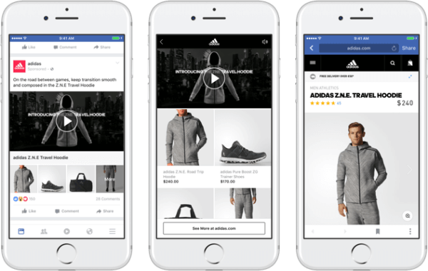 С новия рекламен формат на колекцията на Facebook, марките могат да представят основно видео или изображение, което води до завладяващо, бързо зареждащо се пазаруване във Facebook. 