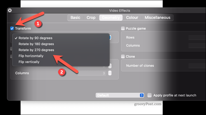 Прилагане на ефект на ротация на видео към VLC на Mac