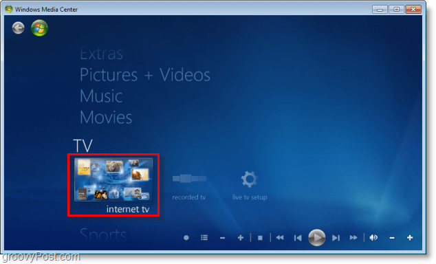 Windows 7 Media Center - щракнете върху интернет телевизия
